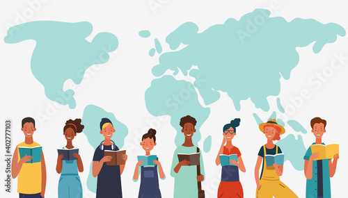 Young people reading books. Back to school, Study, Learning, Knowledge and Education vector concept. World map background