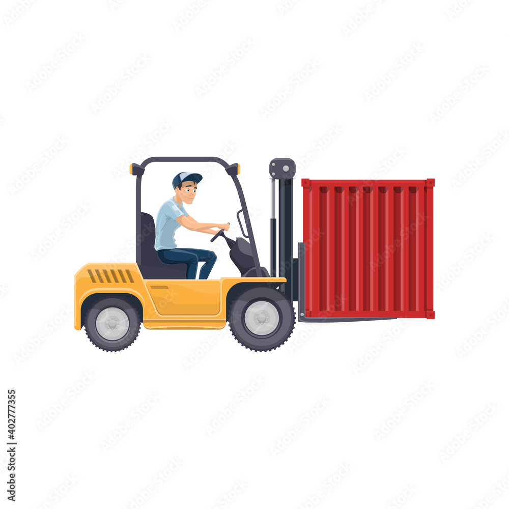 Forklift truck with driver vector isolated icon. Warehouse worker loading container with fork extensions