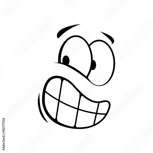 Suspicious emoticon with broad toothy smile isolated. Vector confused emoji expression