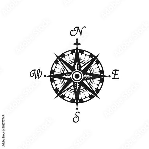 Compass vintage monochrome symbol with world sides isolated wind of rose. Vector nautical navigation map