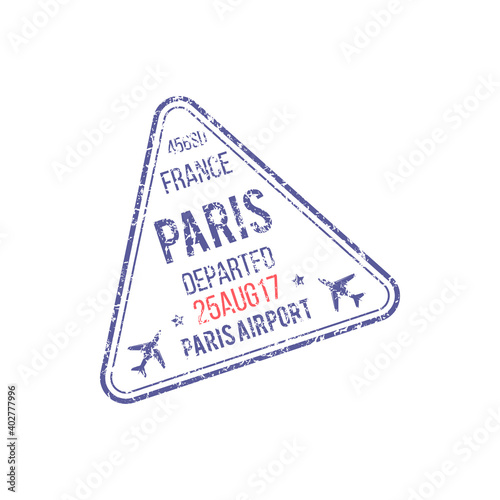 Paris airport grunge visa stamp isolated departed sign. Vector France destination border control mark