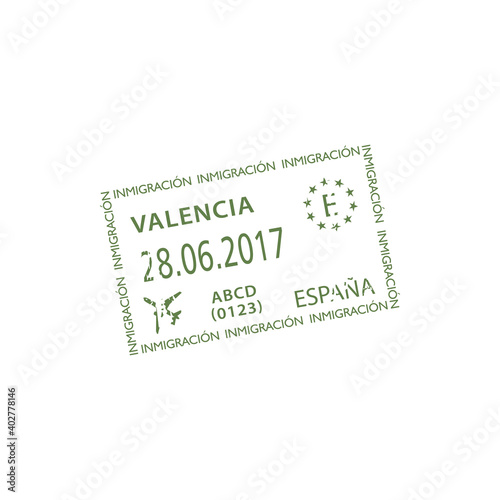 Immigration visa, Valencia airport stamp isolated. Vector travel to Spain, official seal