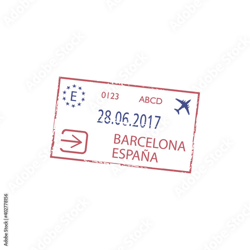Official arrival stamp to Barcelona airport isolated. Vector immigration seal, plane and departure date