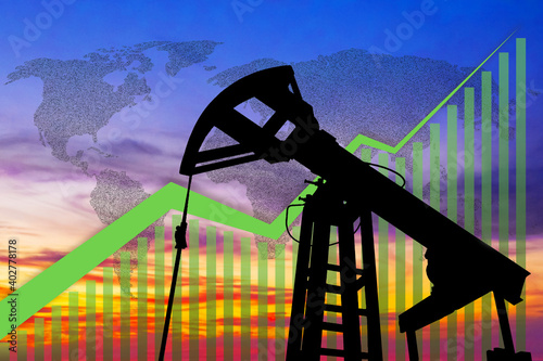 Silhouette of an oil pumping plant with a graph up on a cloudy sunset sky. Growth in the oil market. Positive dynamics of oil prices on the world market.