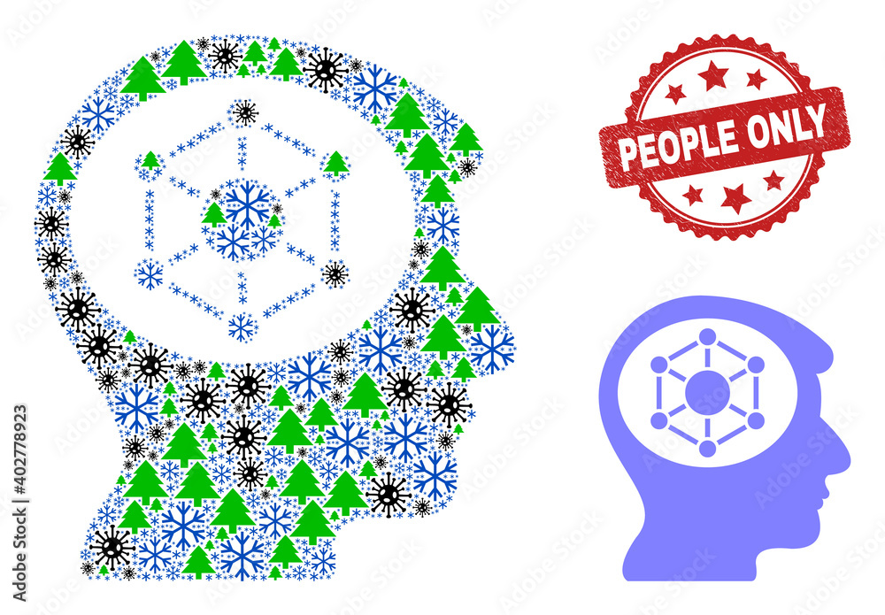 Winter pandemic collage human memory, and People Only red rosette stamp print. Collage human memory is designed from coronavirus, forest, and frost symbols. Winter pandemic collage human memory, and People Only red rosette stamp print. Collage human memory is designed from coronavirus, forest, and frost symbols.