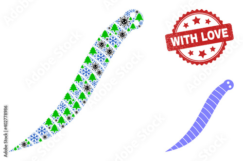 Winter Covid-2019 combination worm, and textured With Love red rosette stamp seal. Mosaic worm is constructed of covid- 2019 virus, fir tree, and snowflake symbols.