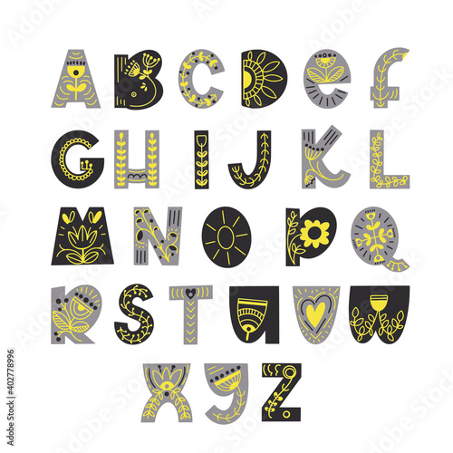 Hand drawn latin alphabet in scandinavian style. Folk art font with flower and leaves ornament. For typography poster, card, label, banner design.