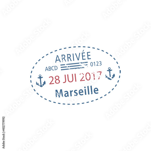 Marseille airport arrival visa stamp isolated. Vector travel to France, date of arrival