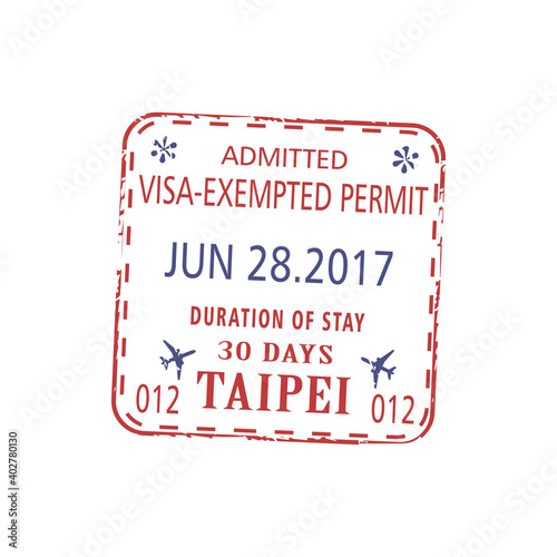 Visa stamp, admission to stay in Taipei 30 days isolated. Vector visa-exempt permit template