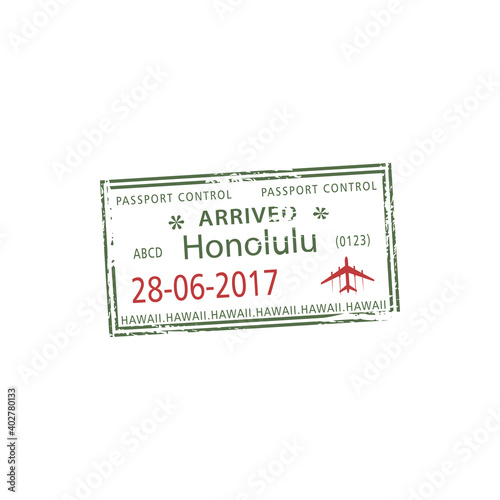 Honolulu, visa stamp, arrived to Hawaii mark in passport isolated. Vector official immigration document template