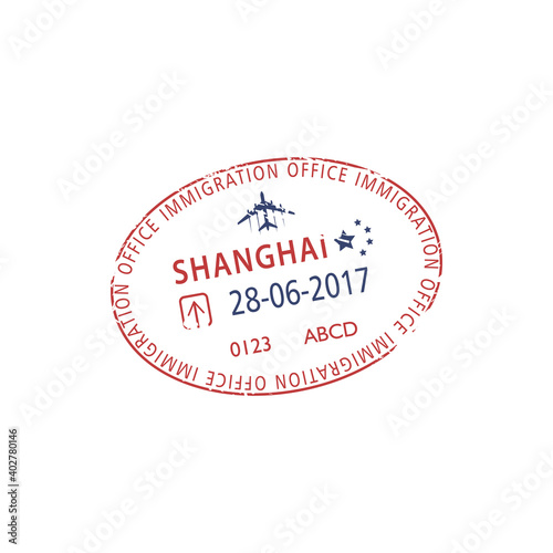 Shanghai immigration office airport visa stamp isolated. Vector passport control sign with date and plane