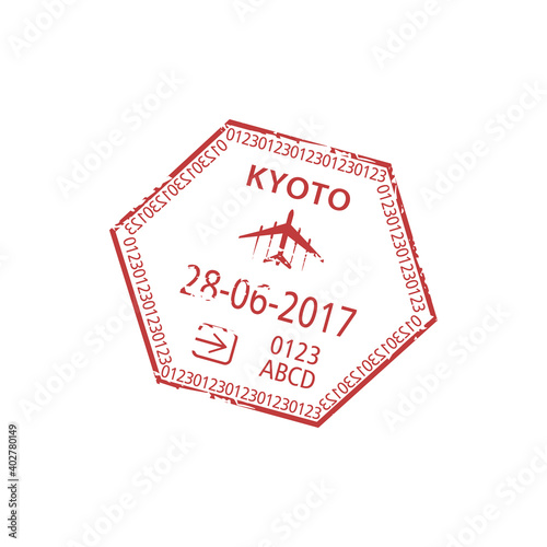 Kyoto Prefecture in Japan arrival visa stamp template. Vector immigration office control sign isolated