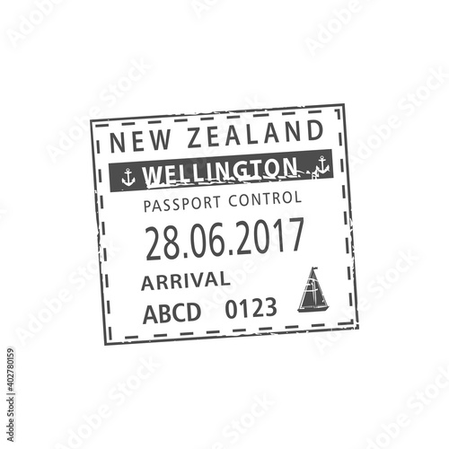 Wellington port visa stamp isolated. Vector passport control, arrival by sea to New Zealand