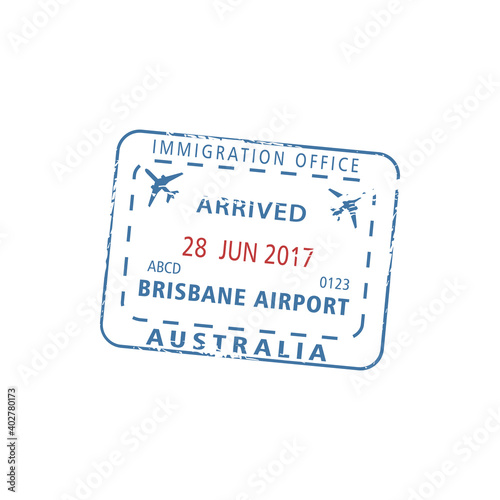 Brisbane airport Australia immigration office visa stamp isolated. Vector border passport control document