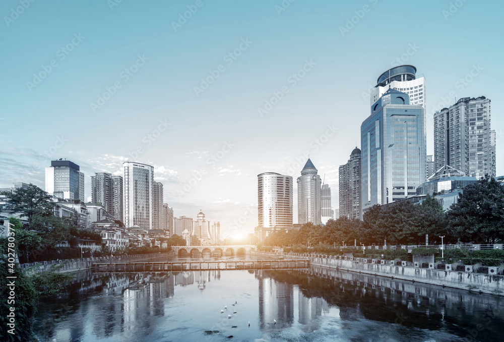 Modern tall buildings and bridge, Guiyang city landscape, China.