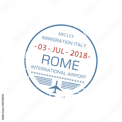 Italy immigration stamp of arrival to Rome international airport isolated. Vector Europe destination sign, border control document with plane and date on round ink stamp. Multinational visa icon