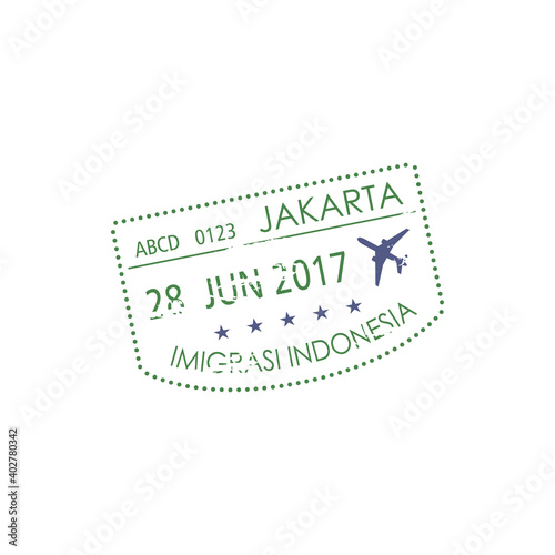Jakarta immigration office visa stamp isolated. Vector Indonesia border control sign, plane and date