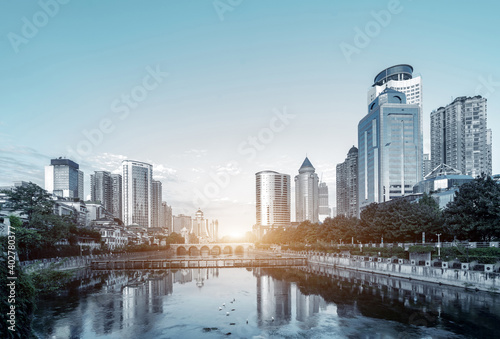 Modern tall buildings and bridge  Guiyang city landscape  China.