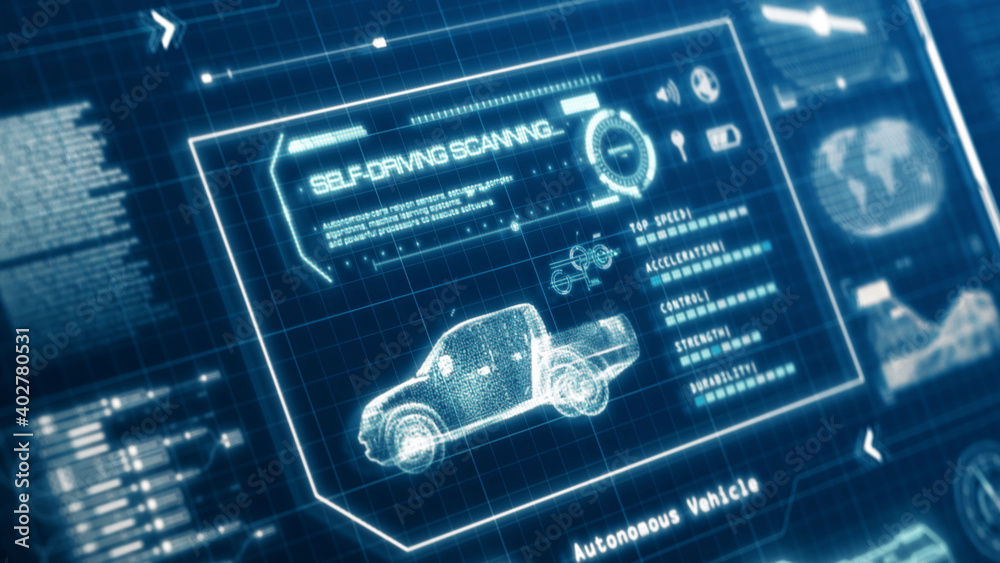 HUD self-driving vehicle pickup truck car specification scanning test user  interface on computer screen pixel display panel background. Blue hologram  holographic sci-fi tech concept. 3D illustration Stock Illustration | Adobe  Stock