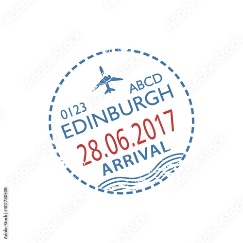 Edinburgh airport arrival visa round stamp isolated. Vector Scotland and UK border control, arrived sign