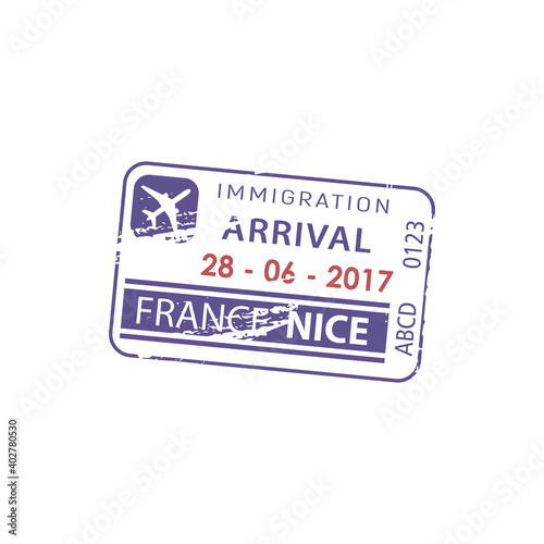 Nice, France immigration arrival visa isolated stamp. Vector border passing passport control document