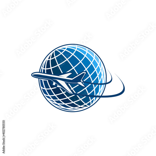 Airplane and world globe icon, travel agency or air post mail delivery and aviation logistics service company. Vector isolated aircraft flying around earth, tourism journey or airlines