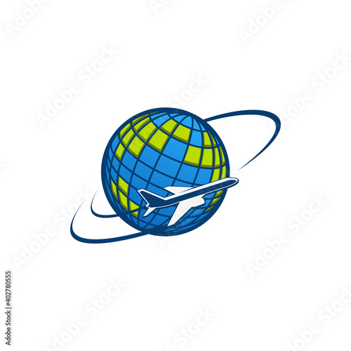 Airplane and world globe icon, travel agency or air post mail delivery and aviation logistics service company. Vector isolated aircraft flying around earth, tourism journey or airlines