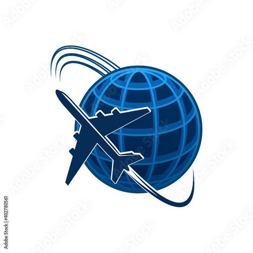 Airplane and world globe icon, travel agency or air post mail delivery and aviation logistics service company. Vector isolated aircraft flying around earth, tourism journey or airlines