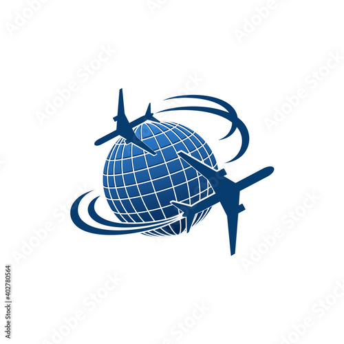 Airplane and world globe icon, travel agency or air post mail delivery and aviation logistics service company. Vector isolated aircraft flying around earth, tourism journey or airlines
