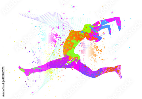 Colorful sport background. Yoga logo design. Ballerina in dance. Girl gymnast in gymnastic. Silhouettes, Exercises, Fitness, Healthcare, Medical, Icon, Symbol. Vector illustration.
