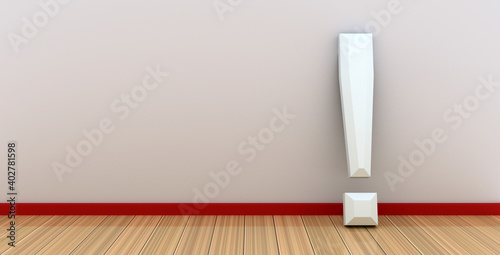 3d illustration. White text exclamation mark against a gray wall.