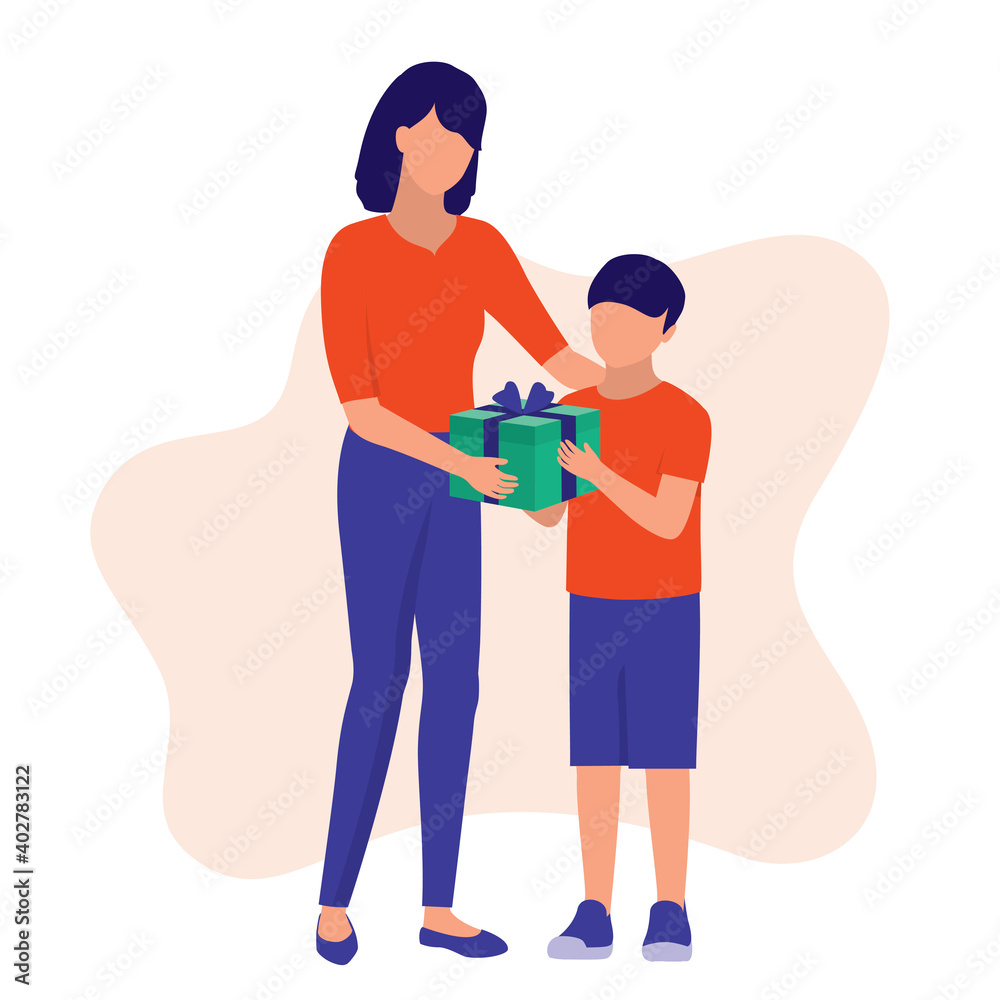 Boy Giving His Mom A Mother's Gift. Full Length. Flat Design.