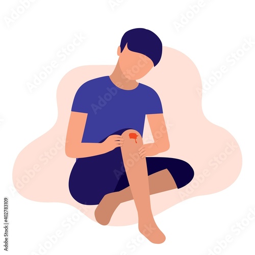 Little Boy Knee Is Bleeding With Blood. Full Length. Flat Design.