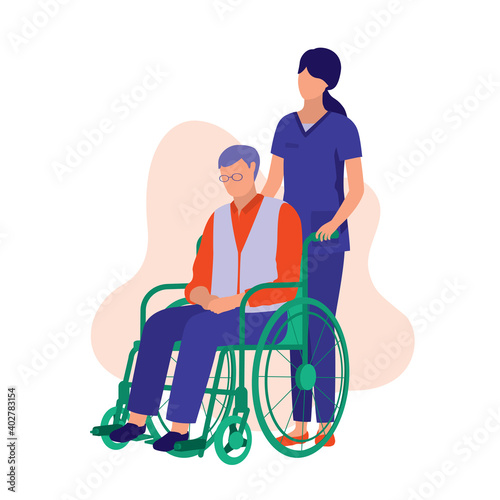 Disabled Old Man Sitting In A Wheelchair. Medical And Health Concept. Vector Illustration Flat Cartoon. Nurse Taking Care Of An Elderly Man.
