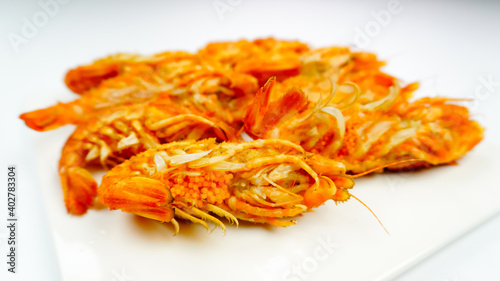 Bear Shrimps (Sclerocrangon salebrosa, Wild Russian Shrimp) on a white plate