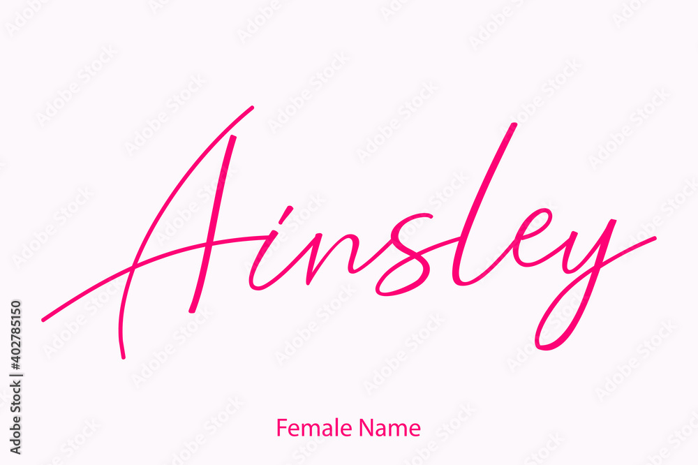 Ainsley. Female Name in Beautiful Cursive Typography Pink Color Text 