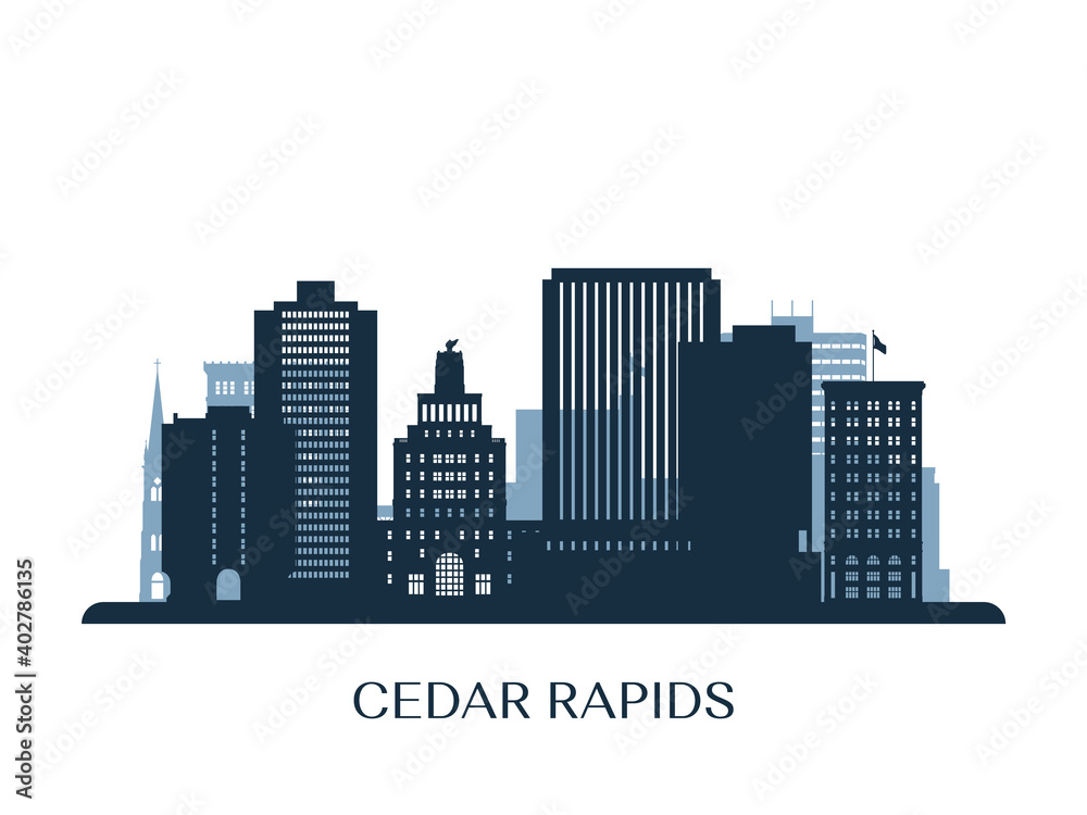 Cedar Rapids skyline, monochrome silhouette. Vector illustration.