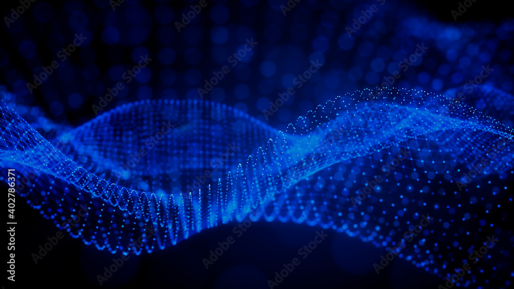 Sound Wave Vizualisation concept. Music audio frequencies represented as High Tech Futuristic Particle Waves. Abstract background. 3D render