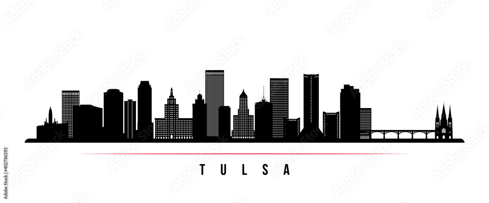 Tulsa skyline horizontal banner. Black and white silhouette of Tulsa, Oklahoma. Vector template for your design.