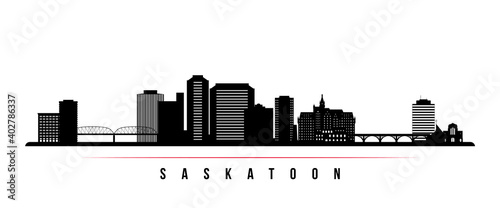 Saskatoon skyline horizontal banner. Black and white silhouette of Saskatoon, Canada. Vector template for your design.