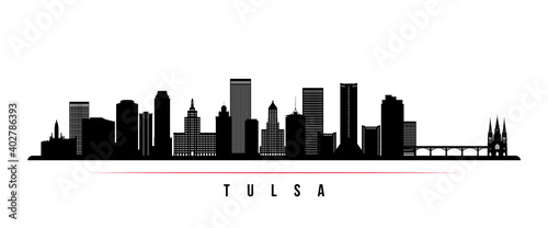Tulsa skyline horizontal banner. Black and white silhouette of Tulsa, Oklahoma. Vector template for your design.