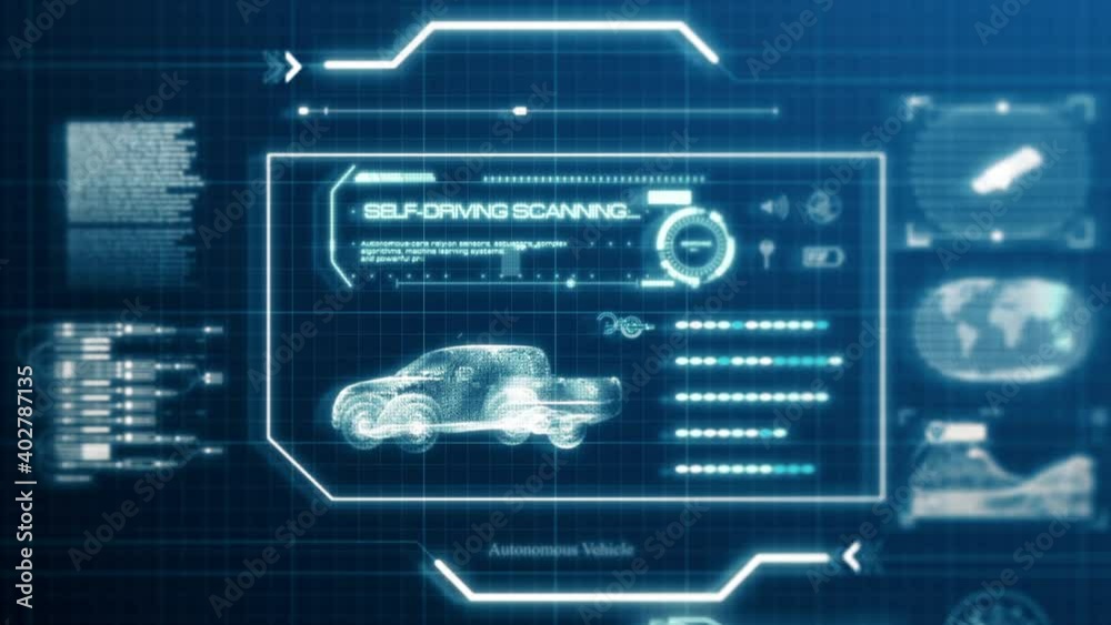 HUD self-driving vehicle pickup truck car specification scanning test user interface on computer screen pixel display panel background. Blue hologram sci-fi tech concept. Front view. 4K motion graphic