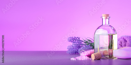 Bunch of lavender flowers and natural cosmetics  banner  spa  beauty concept.