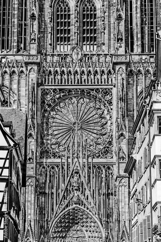 Facade with rose window of gothic Cathedral of Our Lady (Notre Dame) of Strasbourg in Alsace region, France
