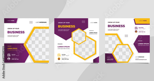 Set of social media post template for Business webinar, Marketing Webinar, Online education and other seminars. with White and purple background