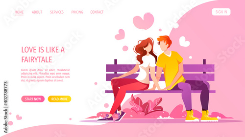 Young couple in love sitting on the bench. Relationship, Love, Valentine's day, Romantic, Date concept. Vector illustration for banner, website, poster, card.