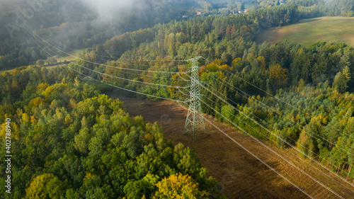 Fotografie, Obraz Aerial view of the high voltage power lines and high voltage electric transmissi