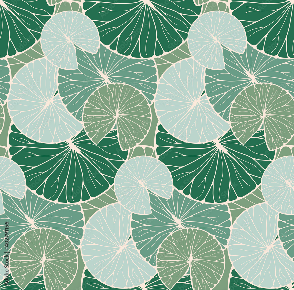 asian style waterlilies leaves seamless pattern in blue green shades