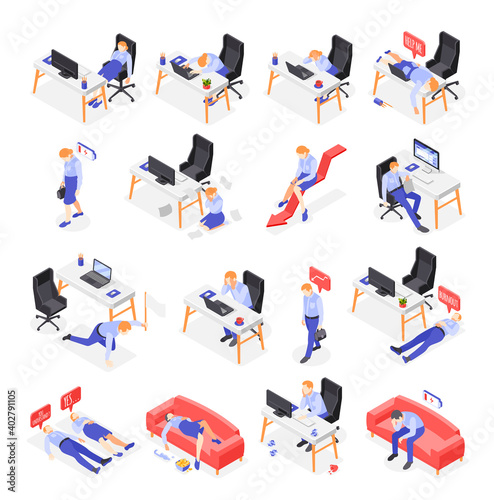 Burn-out Syndrome Isometric Icons Set
