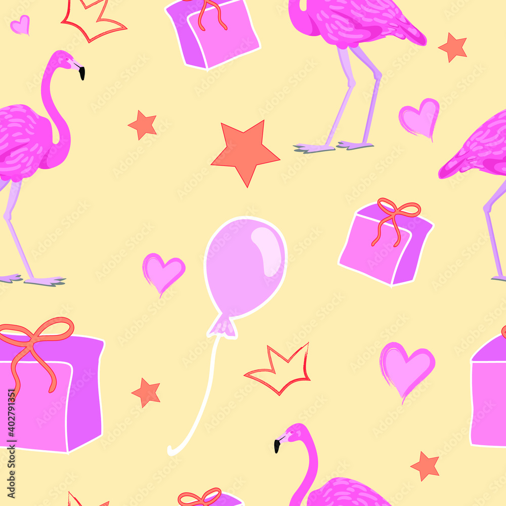 cute childish Seamless pattern with pink flamingo, gift, heart, bow, button, star in pastel colors. Vector modern Illustration. For gift wrapping, textile, wallpaper, scrubbing, web page lights, fill